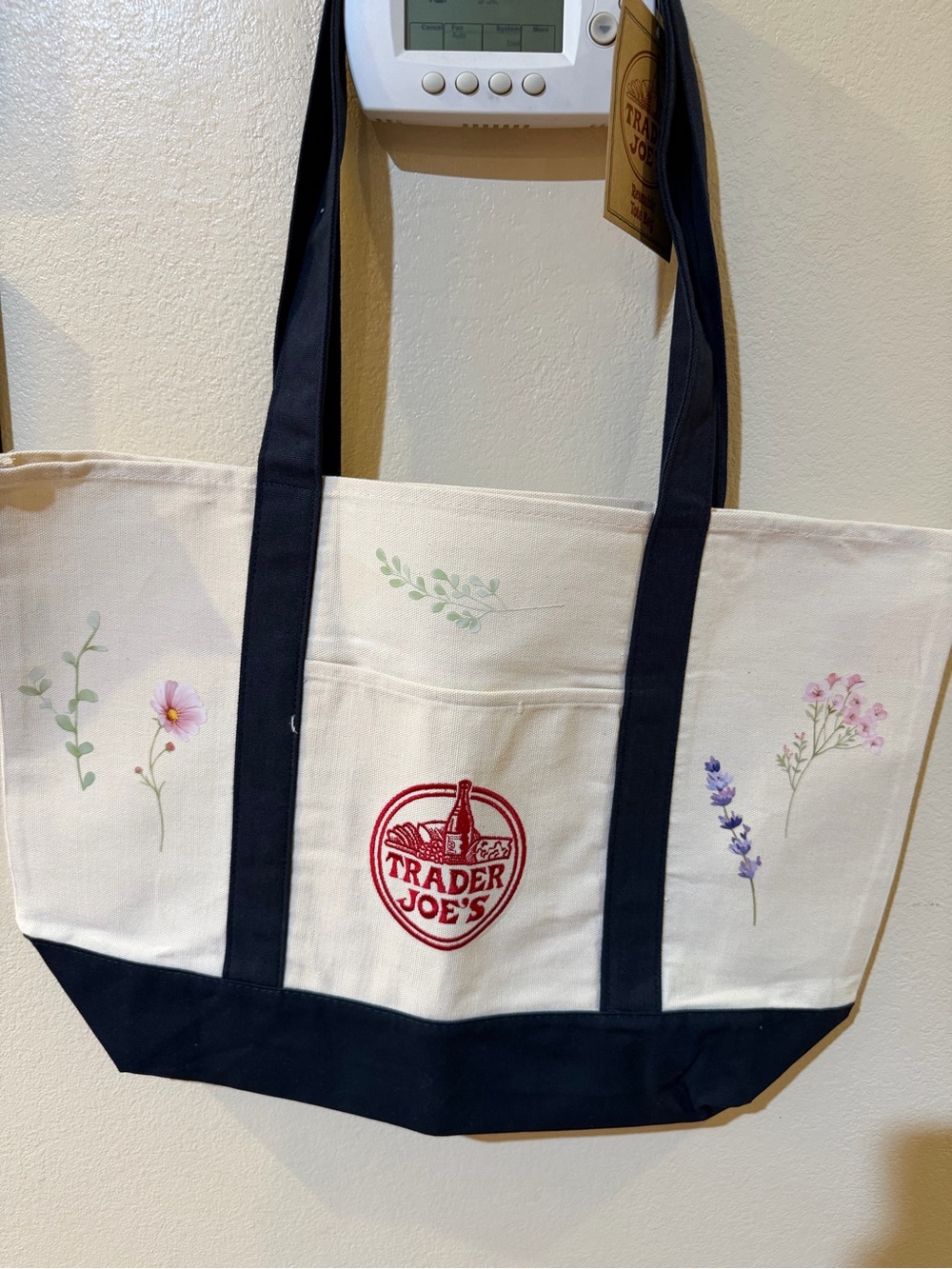 Floral Canvas Large Trader Joeโs Tote Bag in Cream and Navy